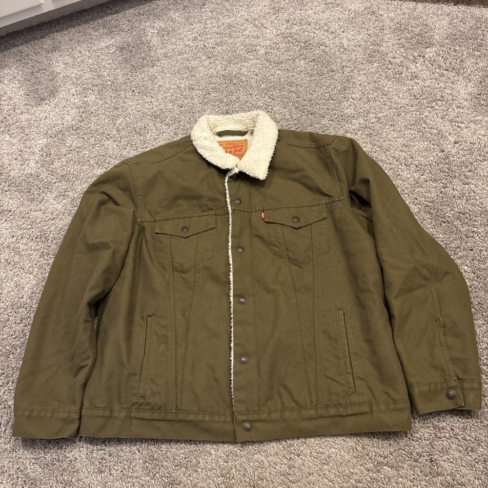Levis Jacket Mens XL Green Sherpa Lined Faux Fur Trucker Snap Buttons red Tab